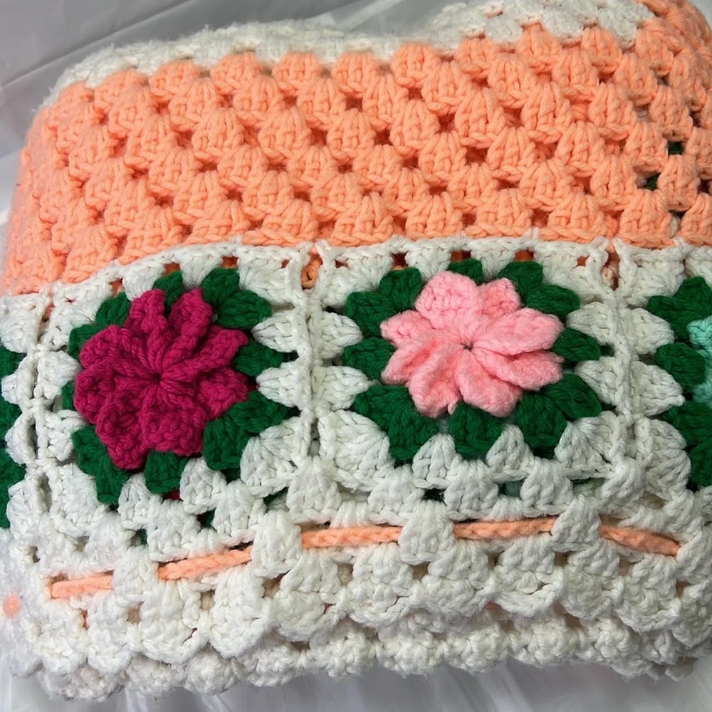 Throw Floral Knitted Hand Made Crafted 46 x43